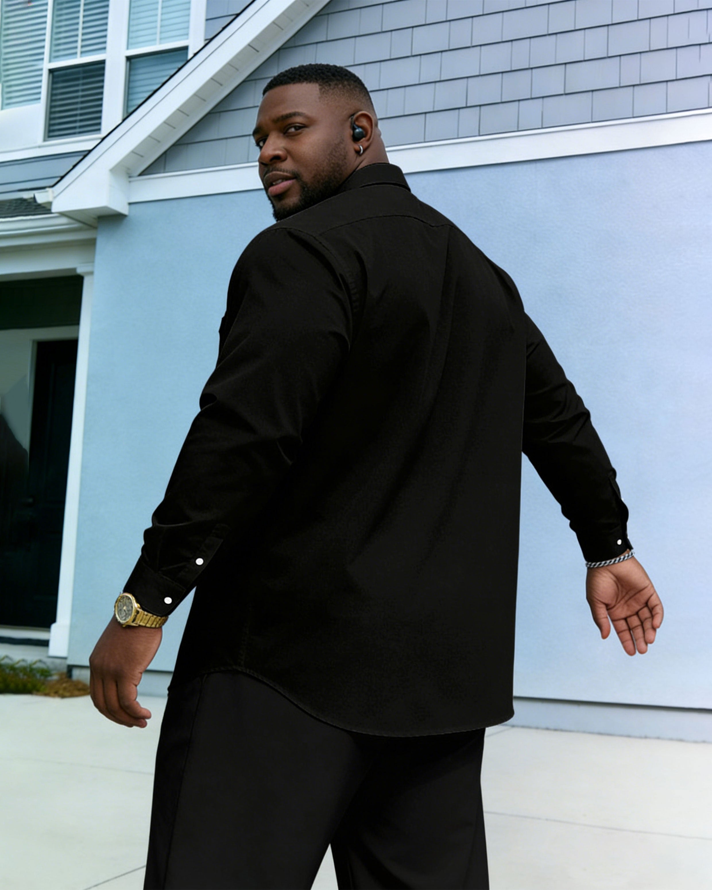 Men's Large Size Casual Vacation Dating Color Block Stitching Black Wrinkle-proof New Lasel Long-sleeved Shirt