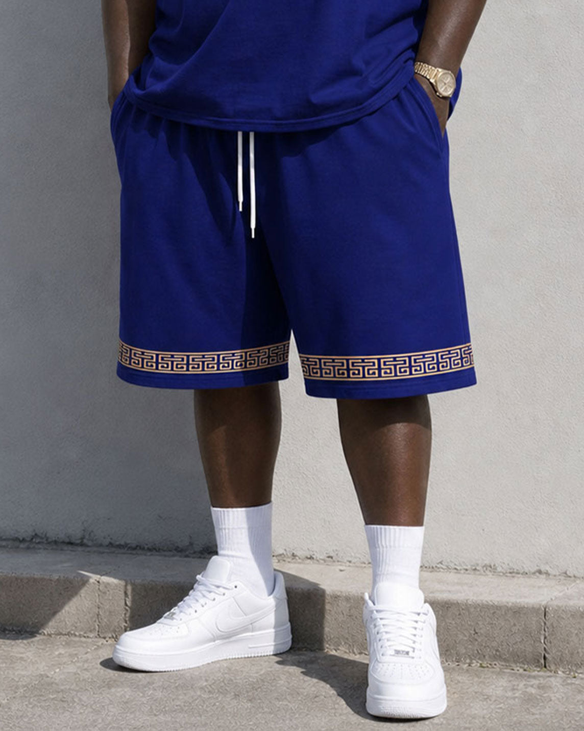Big & Tall Men's Daily Leisure Travel Party Holiday Cuff Features Printed Chest Printed Short Sleeve T-shirt Shorts Set Royal Blue