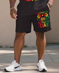 Big & Tall Men' Black June Day Memorial Peace/Freedom/Respect Short Sleeve T-Shirt Shorts Set