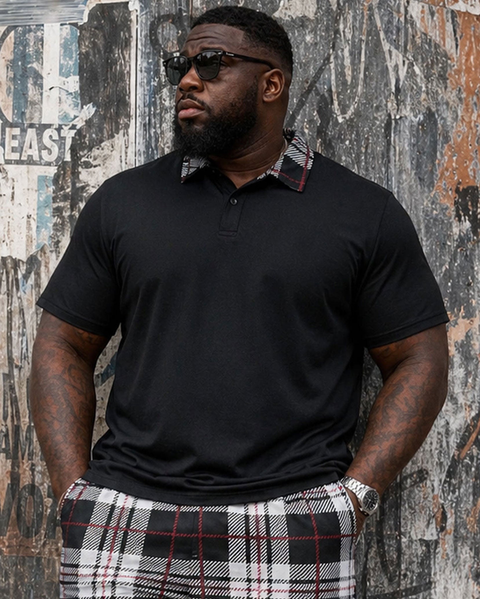 Big & Tall Men's Important Occasion Neckline Contrast Classic Check Simple Casual Short Sleeve POLO Shirt Shorts Set