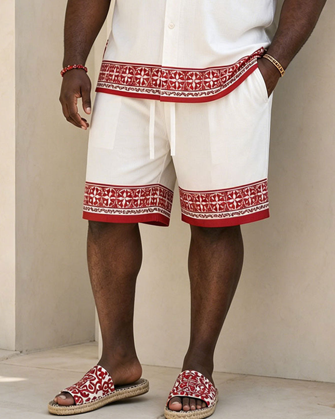 Big & Tall Men's Red Baroque Pattern Symmetrical Printed Button Short Sleeve Shirt Shorts Set