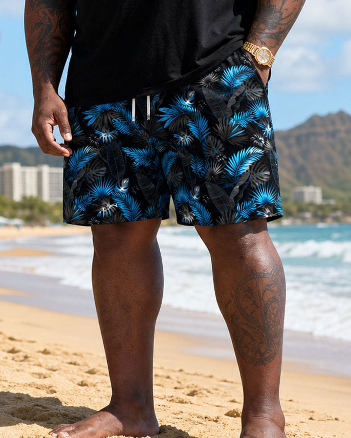 Big & Tall Men's Black Floral Print Hawaiian Vacation Vest Shorts Set