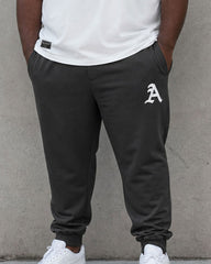 Big & Tall Men's White & Black Matching Simple Chest Letter Printed Short-sleeved T-shirt Sports Pants Set