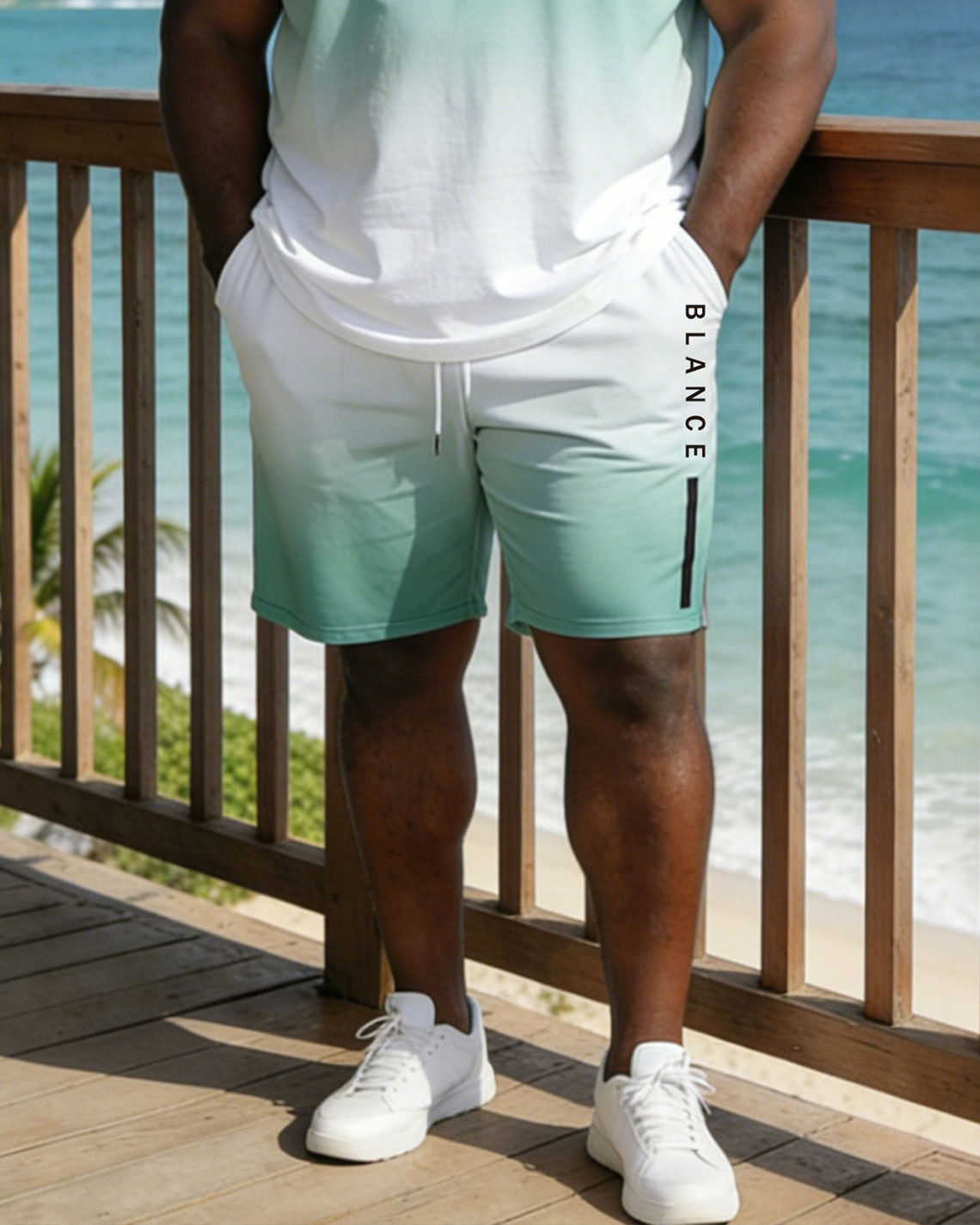 Hawaii Plus Size Men's Green Gradient Slogan Print Short Sleeve T-Shirt Shorts Set