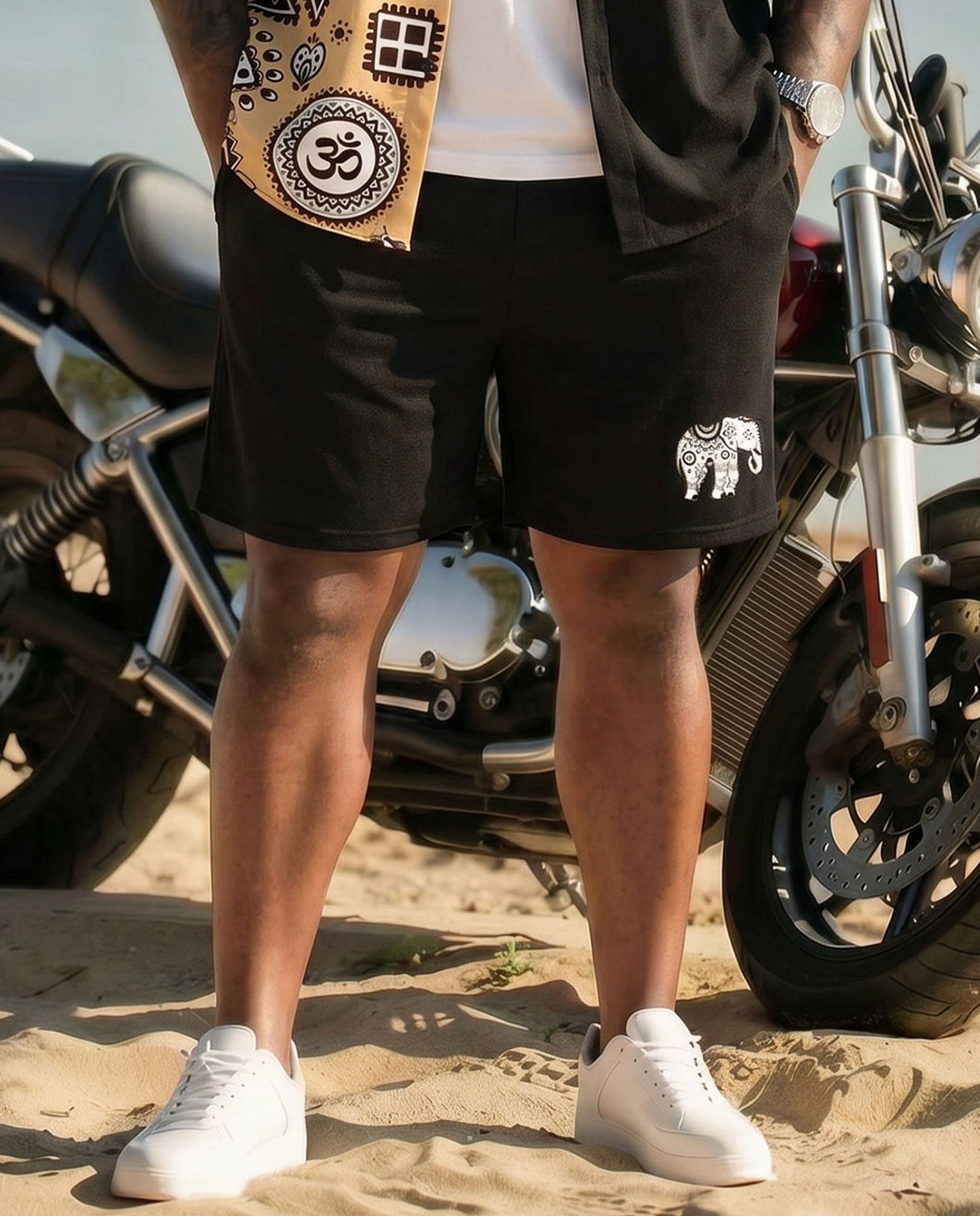 Big & Tall Men's Ethnic Pattern Vacation Leisure Hawaiian Black Short Sleeve Cardigan Shirt Shorts Set