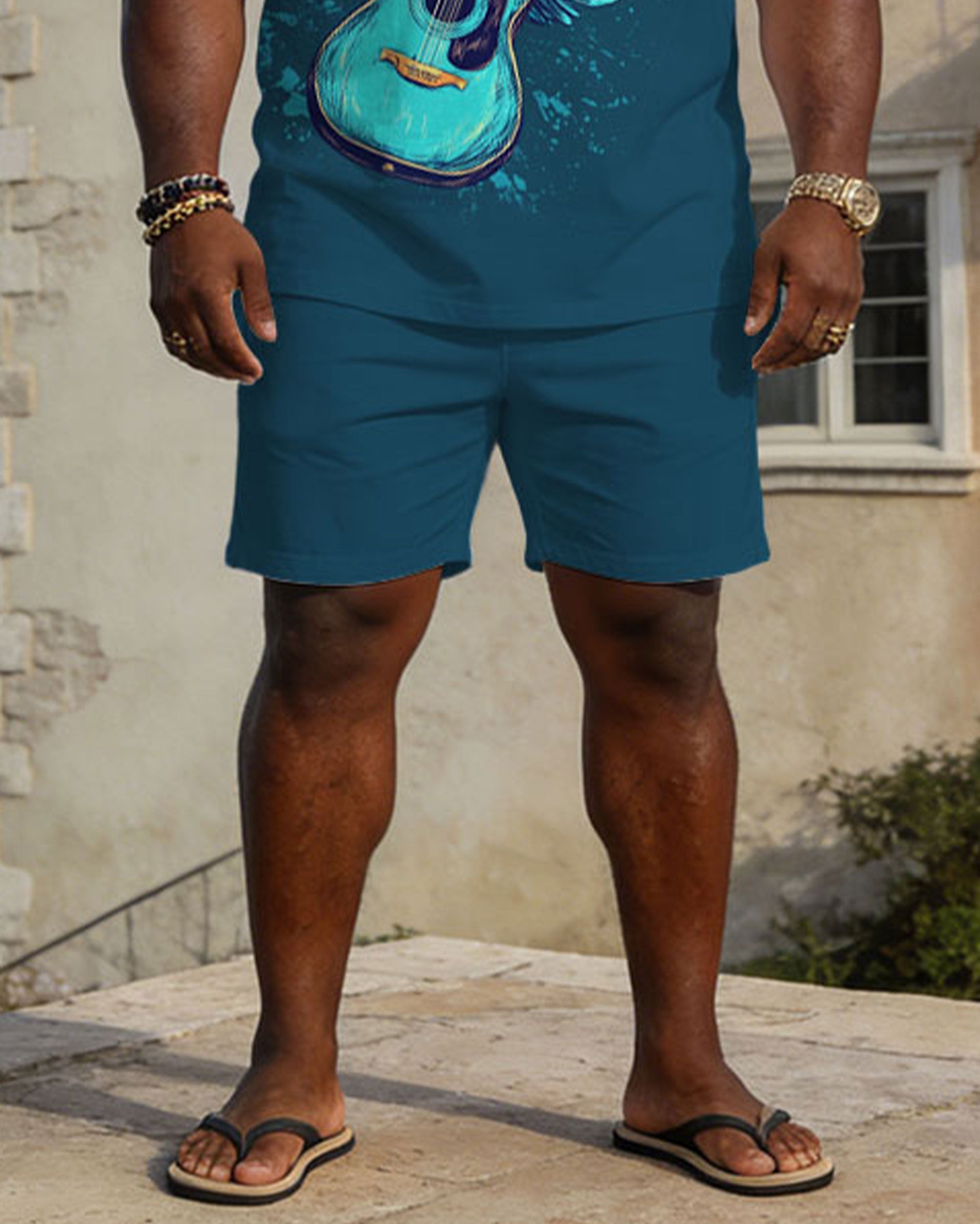 Large Size Men's Spring And Summer Casual Vacation Business Party Blue Music Pattern Short Sleeve Polo Shirt Shorts Set