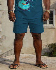 Large Size Men's Spring And Summer Casual Vacation Business Party Blue Music Pattern Short Sleeve Polo Shirt Shorts Set