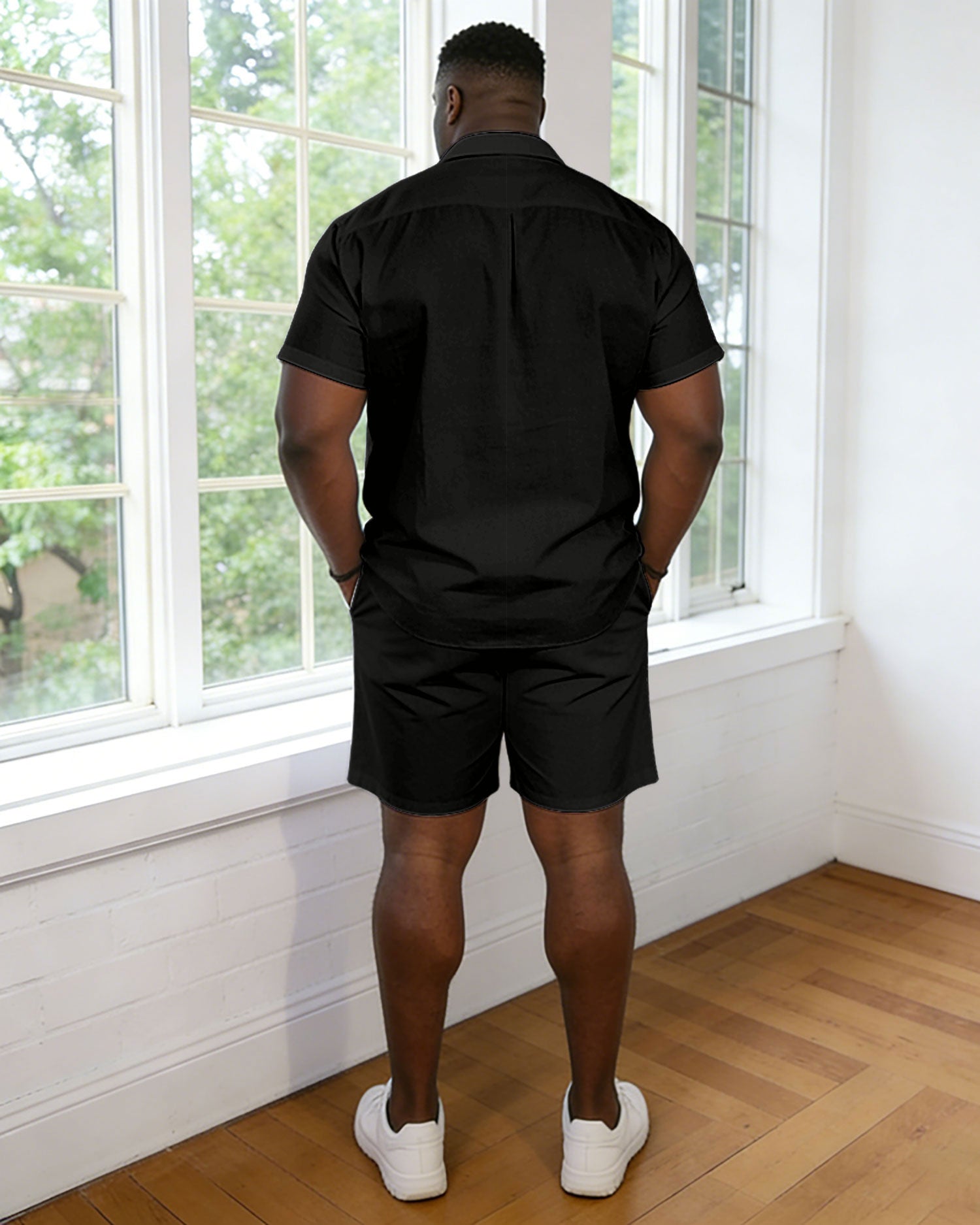 Men's Large Size Black Simple Casual Short Sleeve Shirt Shorts Set