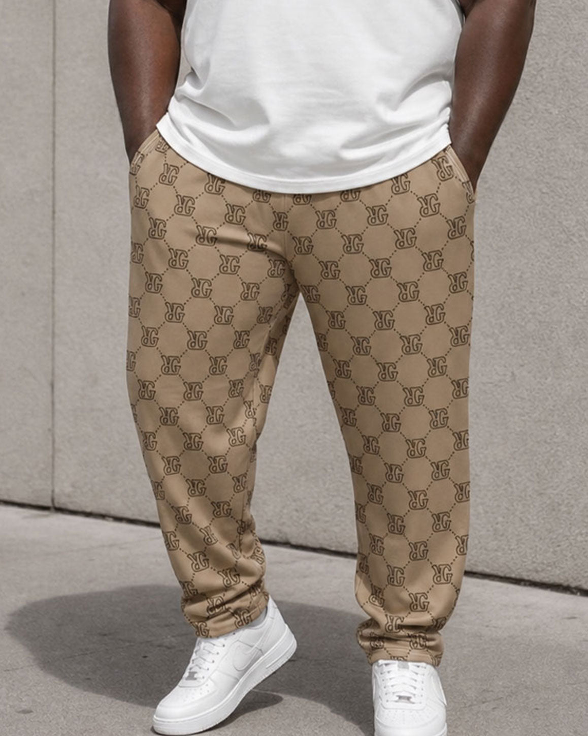 Big & Tall Men's Square Continuous Letter Printing Khaki Splicing White Short Sleeve T-Shirt Sports Pants Set