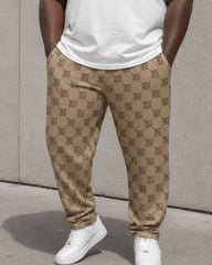 Big & Tall Men's Square Continuous Letter Printing Khaki Splicing White Short Sleeve T-Shirt Sports Pants Set