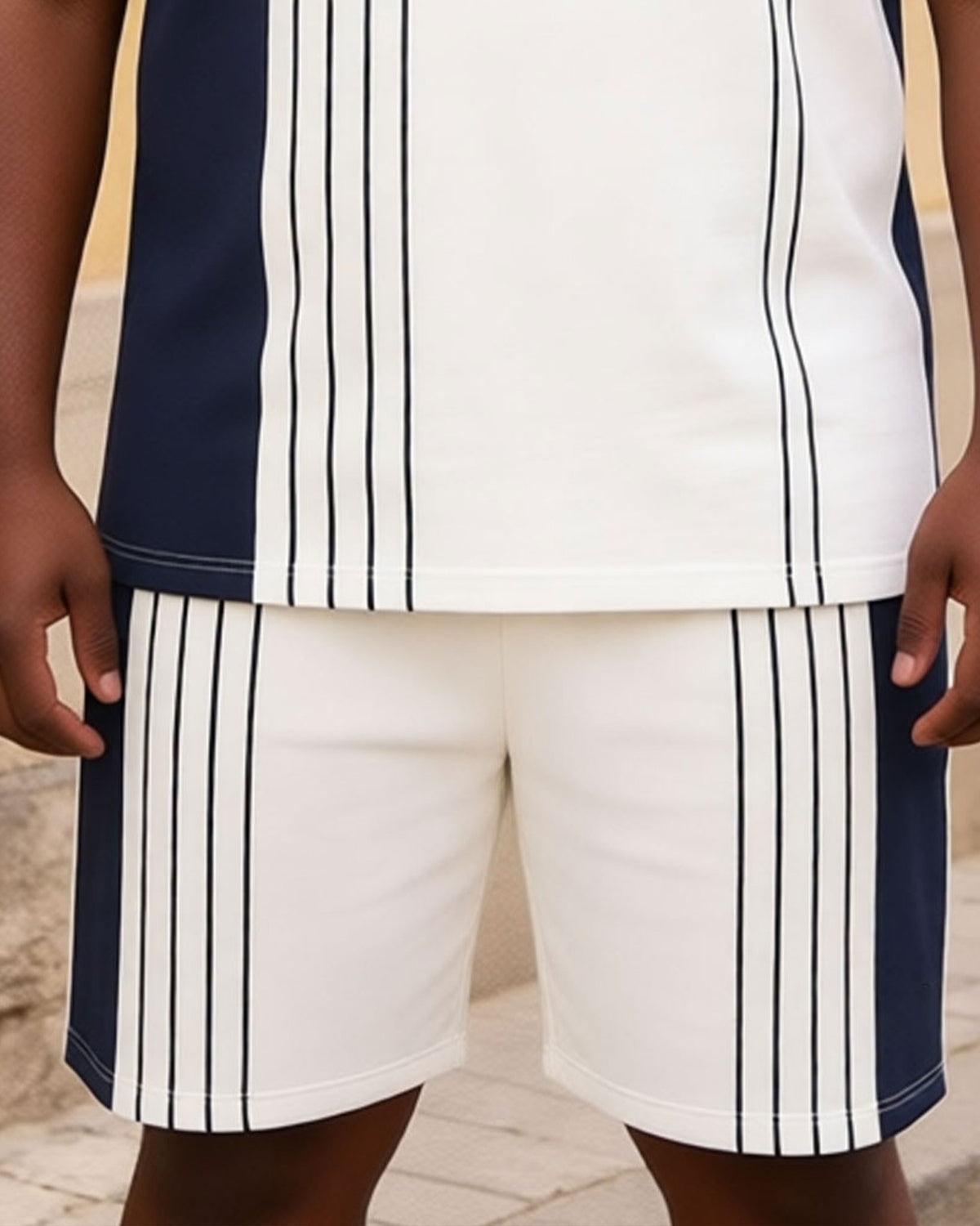 Big & Tall Men's Dark Blue & White Striped Polo Shirt Short Sleeve Shorts Set