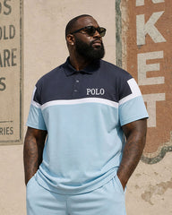 Big & Tall Men's Blue Contrast Color Simple Business Casual POLO Shirt Short Sleeve Shorts Set