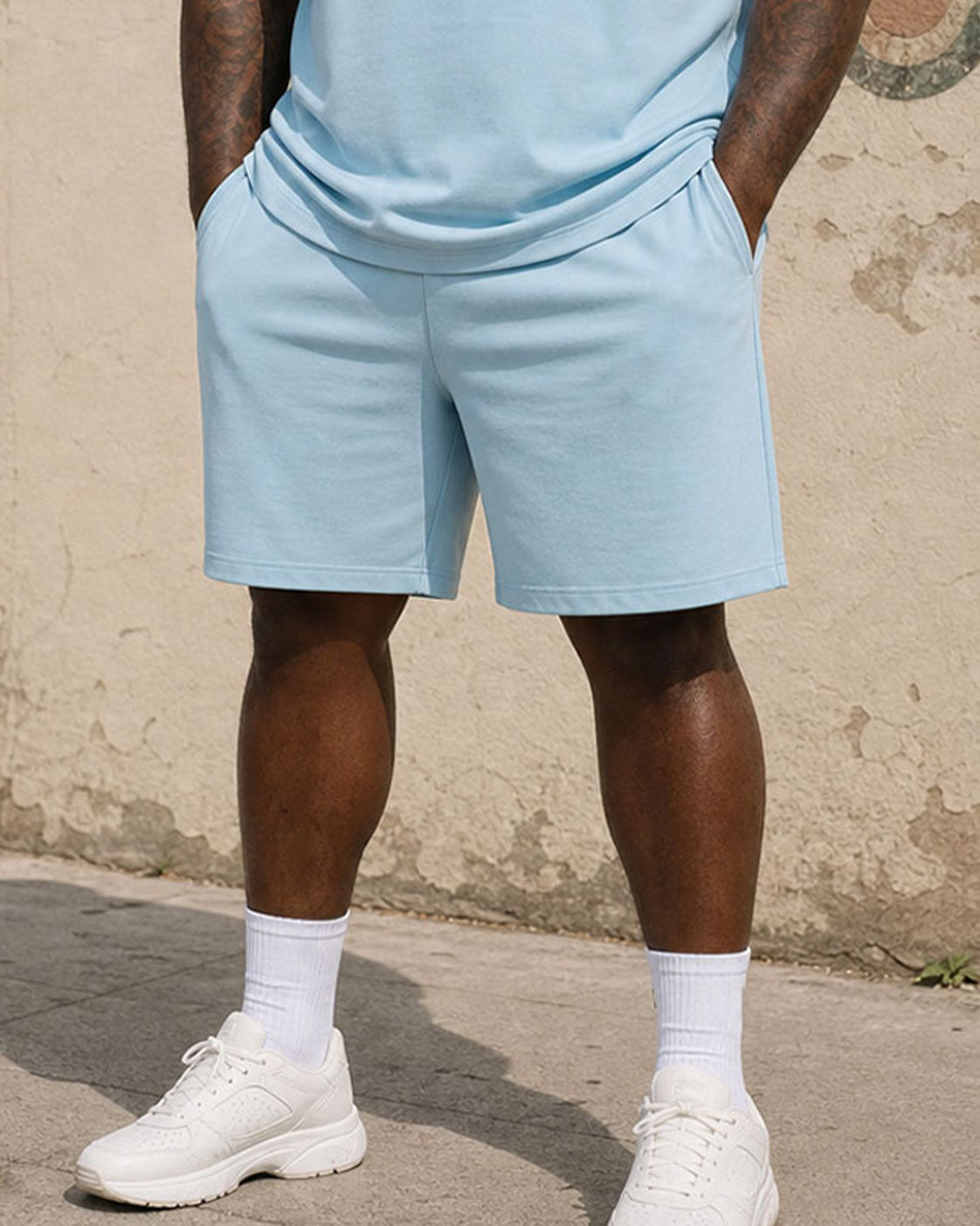 Big & Tall Men's Blue Contrast Color Simple Business Casual POLO Shirt Short Sleeve Shorts Set