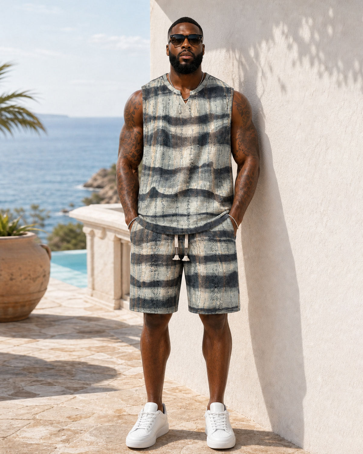 American Style Casual Summer Ice Sense Striped Sleeveless Vest Set Large Size Men's Sports Tie Dye Shorts Two-piece Set