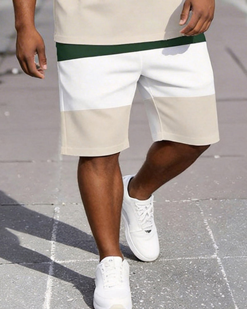 Big & Tall Men's Green And White Card And Its Oblique Spelling Respect Letter Printed Crew Neck Short Sleeve T-shirt Shorts Set