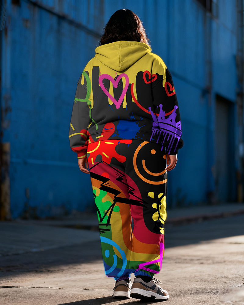 Women's Plus Size Graffiti Love Expression Print Cardigan Hoodie Set