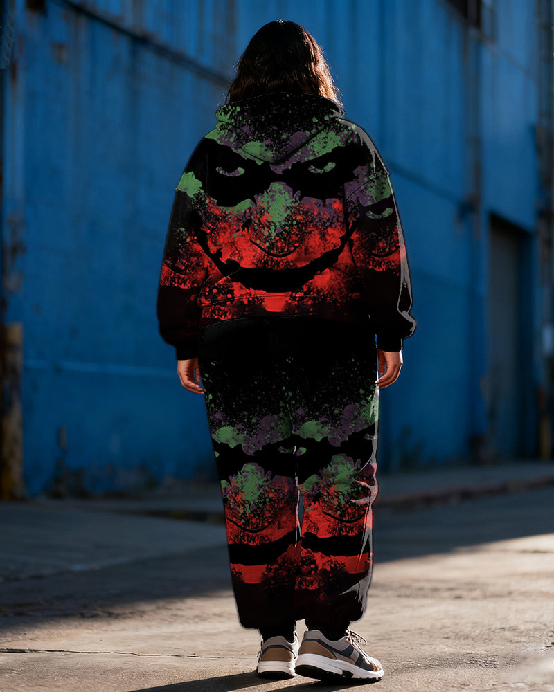Women's Plus Size Halloween Emoji Graffiti Print Cardigan Hoodie Set