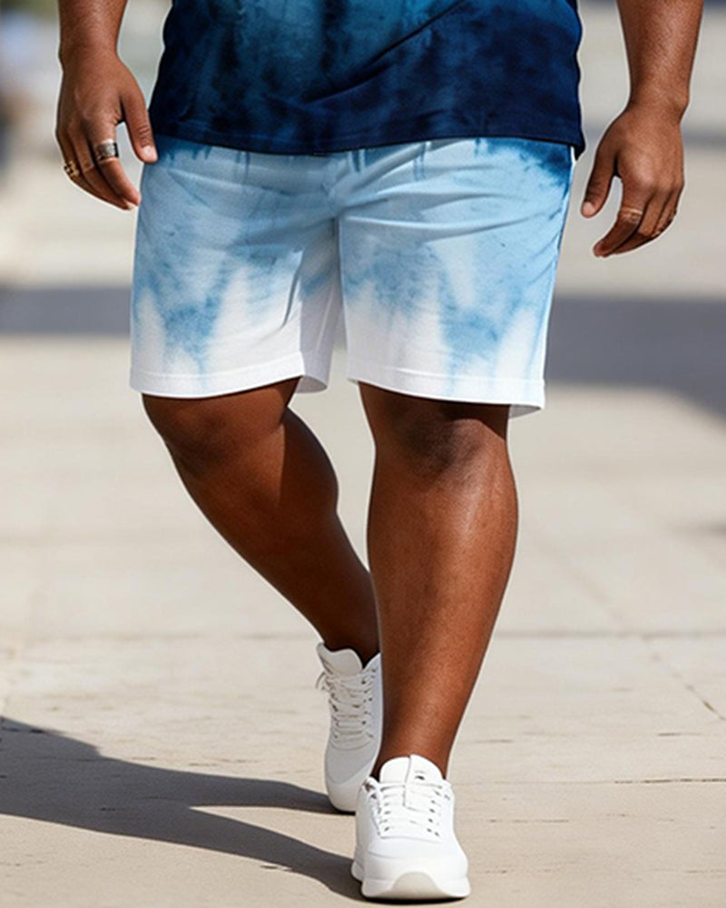 Big & Tall Men's Blue And White Gradient Tie-dye Printed Round Neck Short Sleeve T-shirt Shorts Set