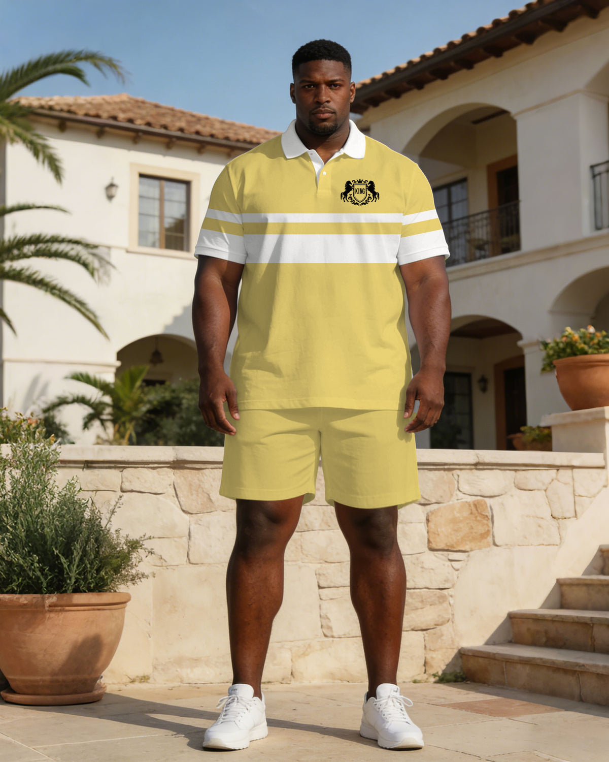 Business Casual Light Yellow & White Polo Shirt Short Sleeve Suit Large Size Men