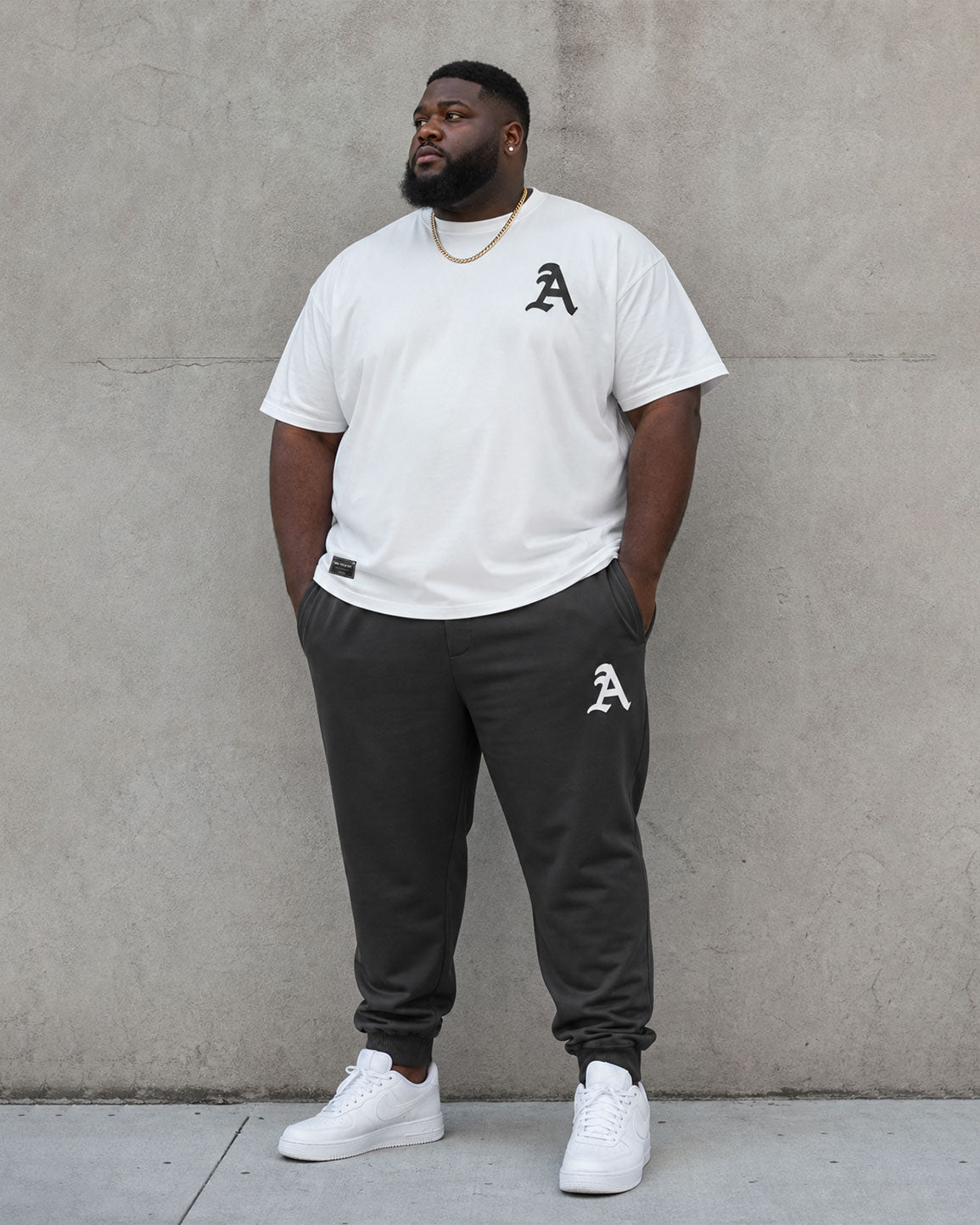 Big & Tall Men's White & Black Matching Simple Chest Letter Printed Short-sleeved T-shirt Sports Pants Set