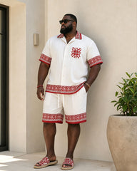 Big & Tall Men's Red Baroque Pattern Symmetrical Printed Button Short Sleeve Shirt Shorts Set