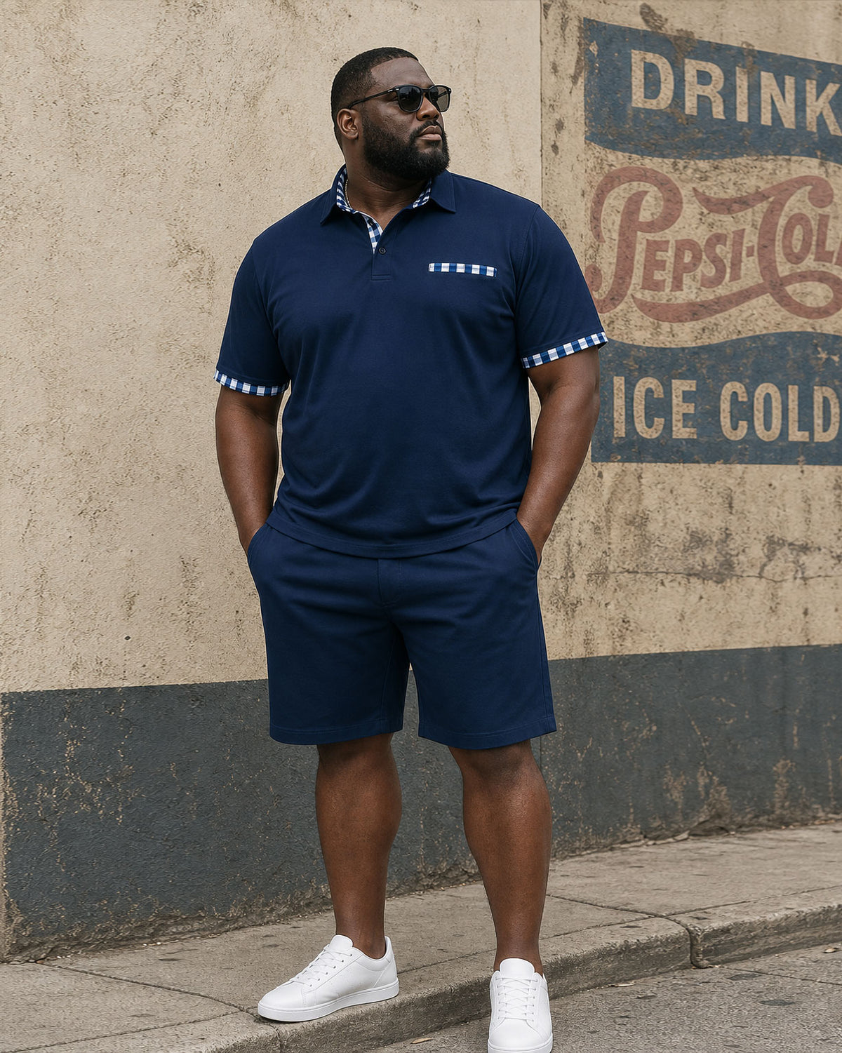 Big & Tall Men's Navy Blue Plaid Patchwork Featured Print Polo Shirt And Shorts Set