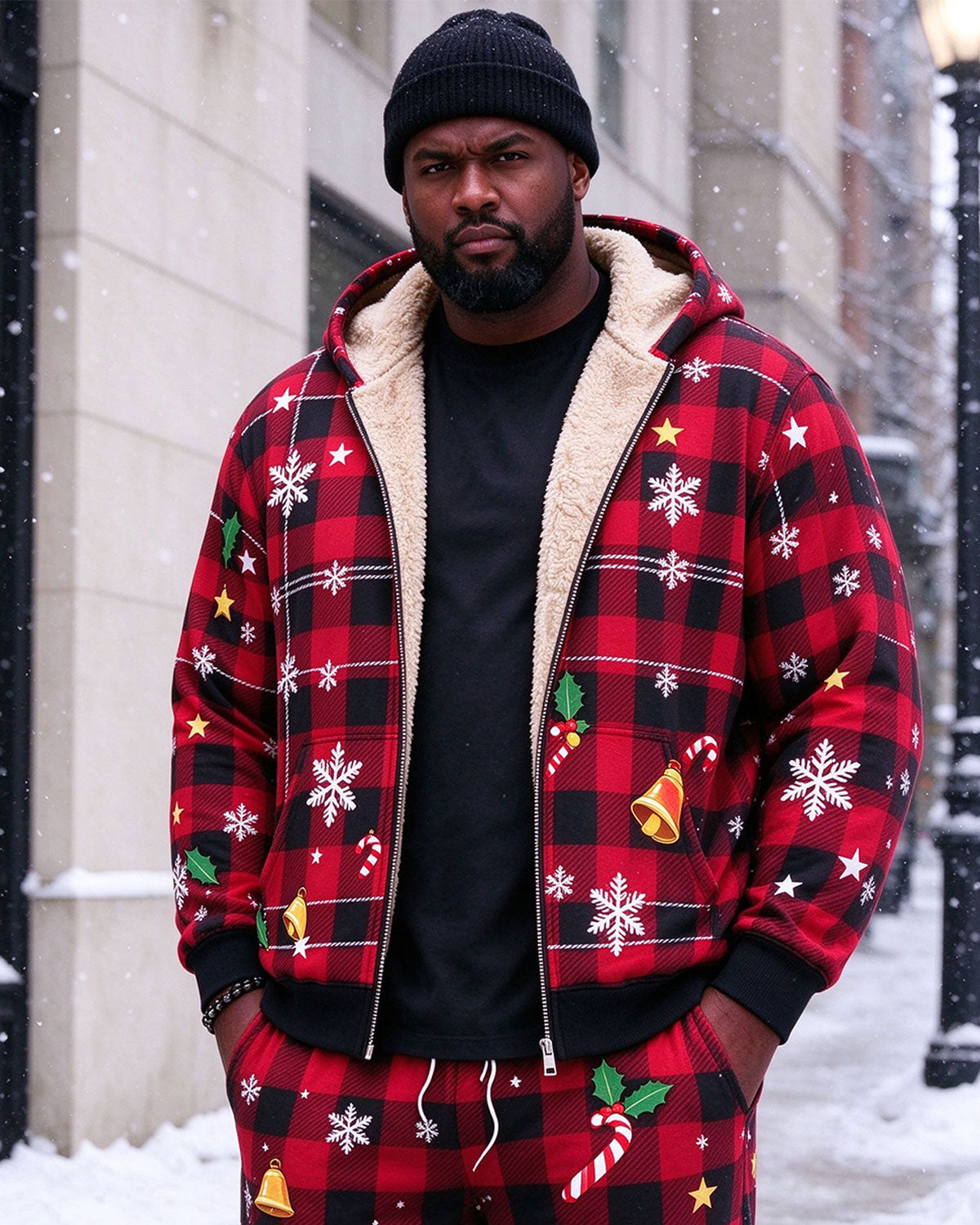 Large Size Men's Autumn And Winter Warm Fleece-lined Cold-proof Christmas Geometric Print Casual Jacket Hooded Jacket