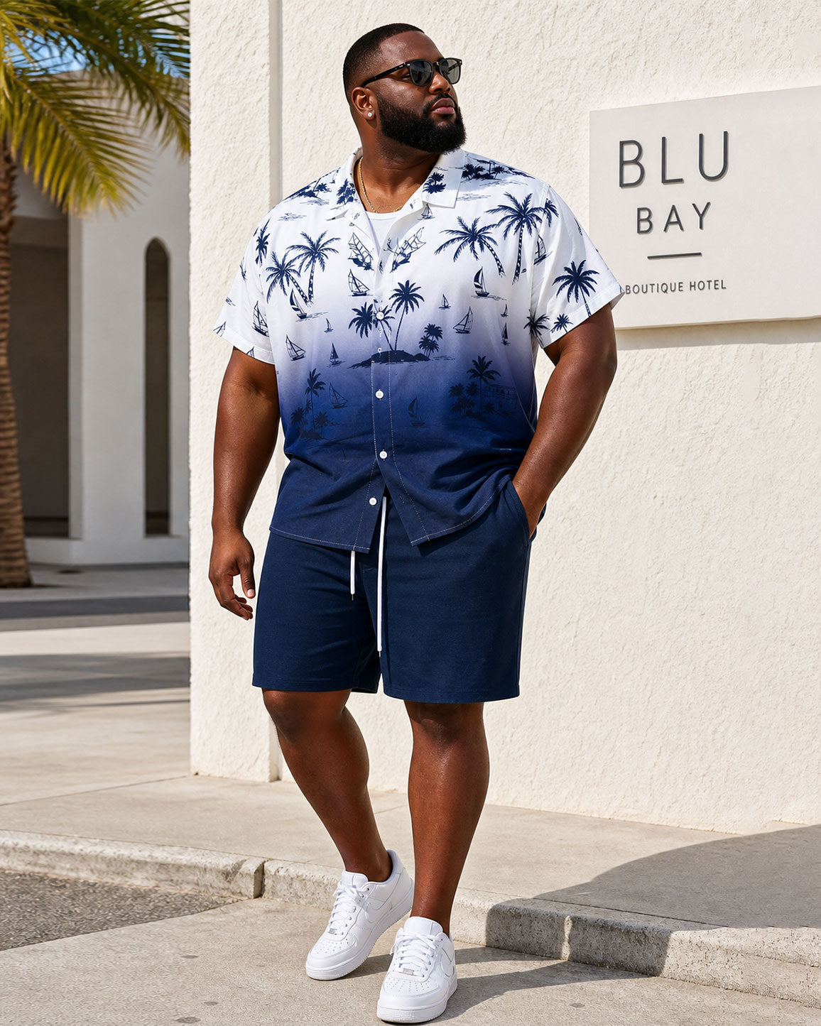 Big & Tall Men’s Gradient Dark Blue Floral Shirt Hawaiian Vacation Casual Outing Short-Sleeve Button-Down Shirt And Shorts Set