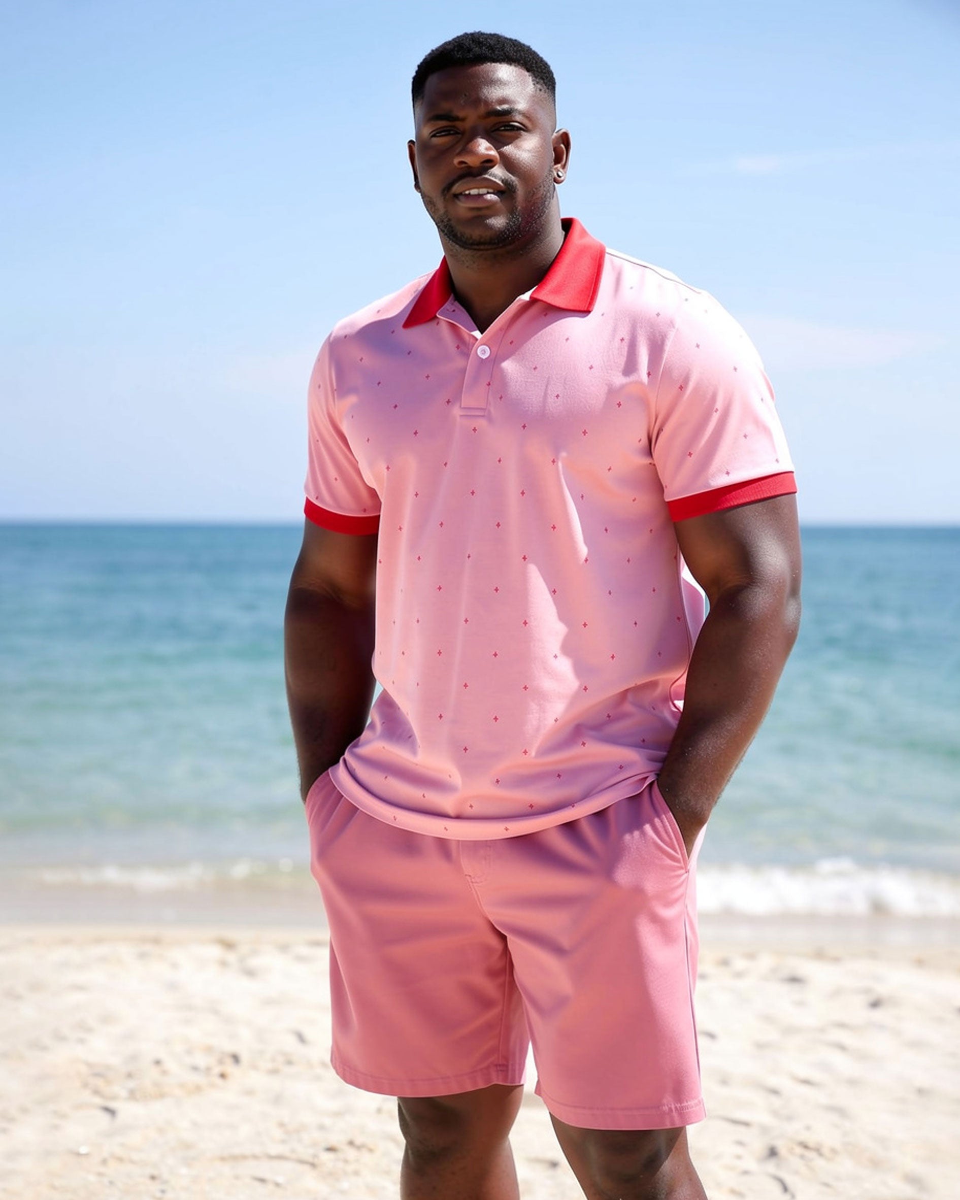 Big & Tall Men's Pink Full Print POLO Short Sleeve Shorts Set