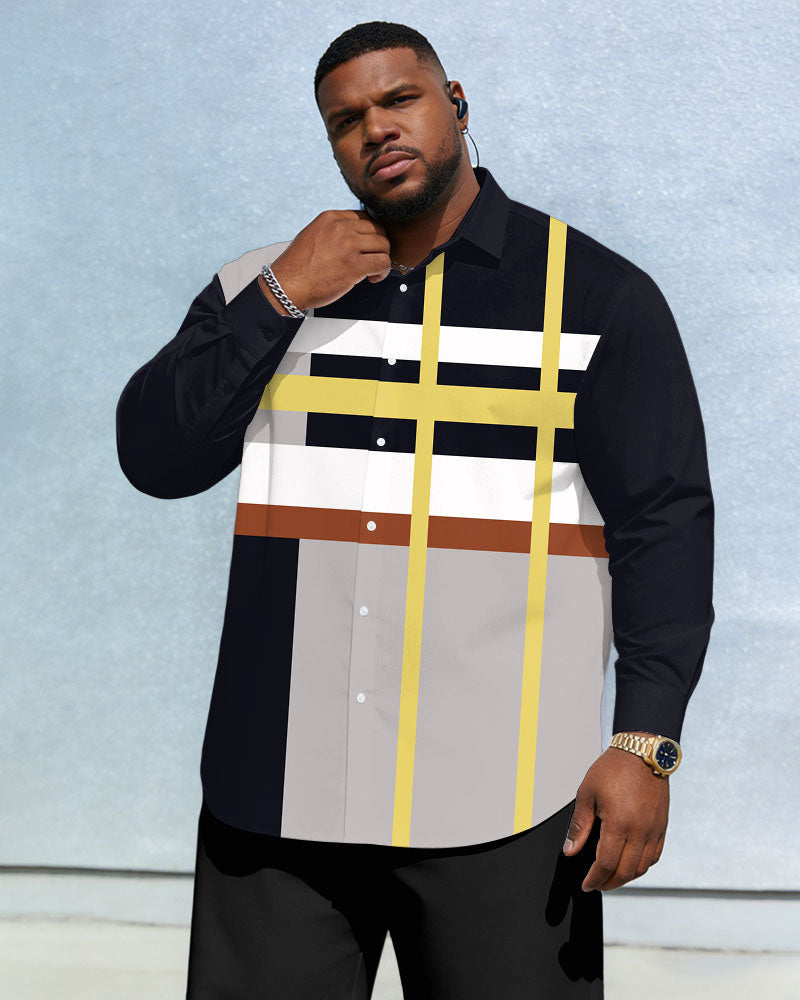 Men's Large Size Casual Vacation Dating Color Block Stitching Black Wrinkle-proof New Lasel Long-sleeved Shirt