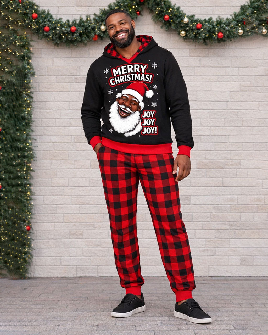 Large Size Men's Autumn And Winter Warm Red Christmas Plaid Stitching Chest Large Printed Hoodie Sweatpants Set