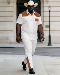 Big & Tall Men's Western Classic Khaki & White Short Sleeve Shirt Pants Set