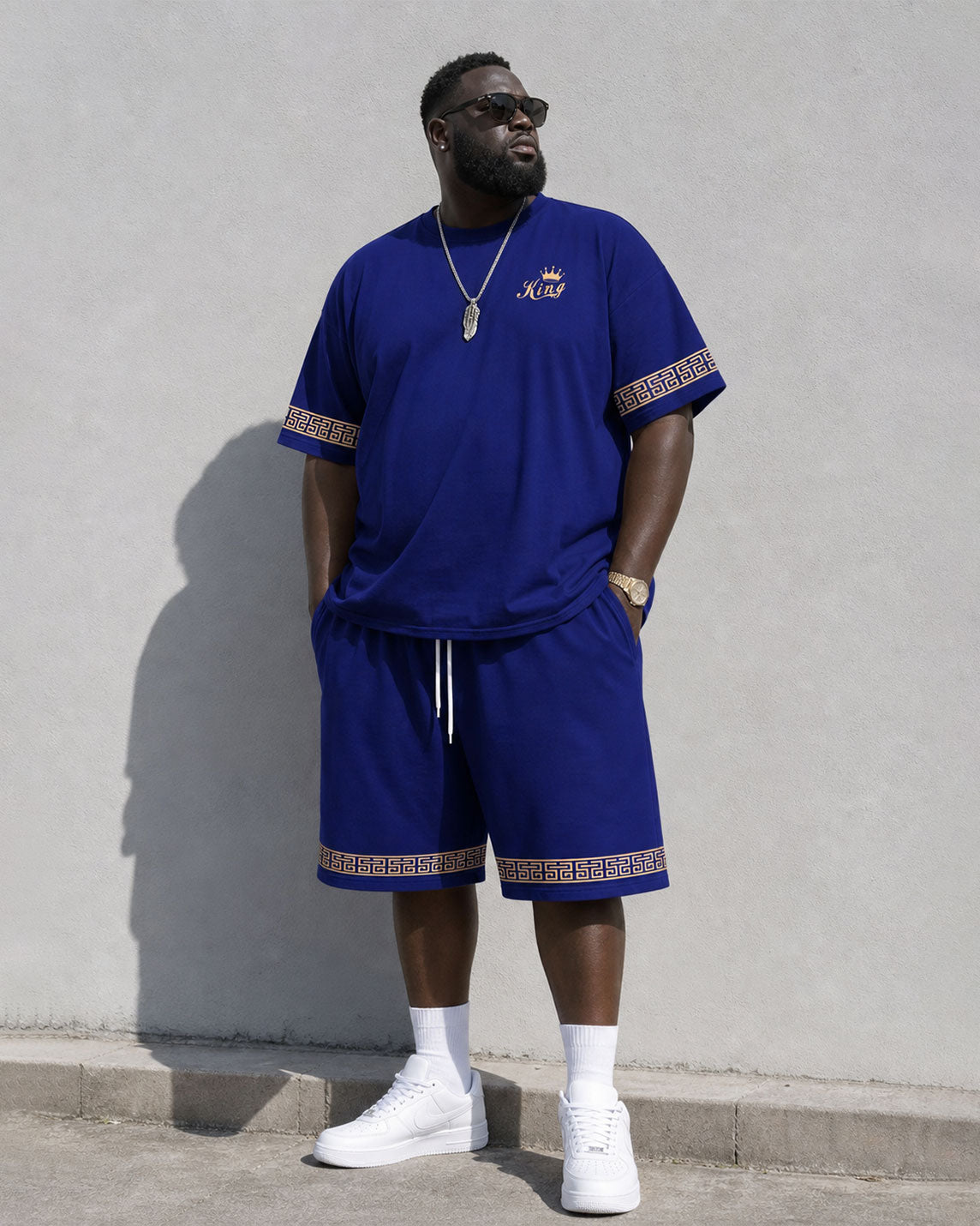 Big & Tall Men's Daily Leisure Travel Party Holiday Cuff Features Printed Chest Printed Short Sleeve T-shirt Shorts Set Royal Blue