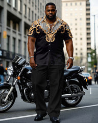 Big & Tall Men's Baroque Print Black Short Sleeve Shirt Pants Set