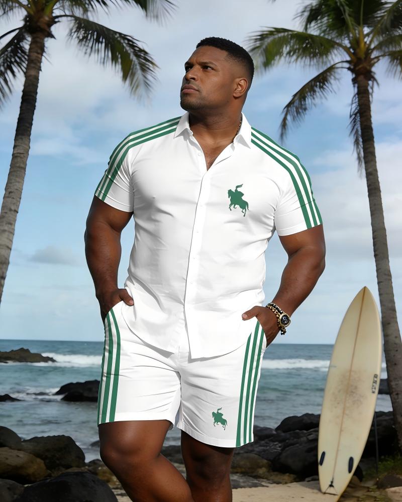 Big & Tall Men's Casual Style White Chest Small Label Short Sleeve Shirt Shorts Set