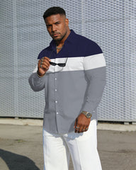 Men's Plus Size Casual Vacation Party Couple Dressing Dress Up Blue & White & Grey Stitching Anti-Wrinkle New Lasel Long Sleeve Shirt