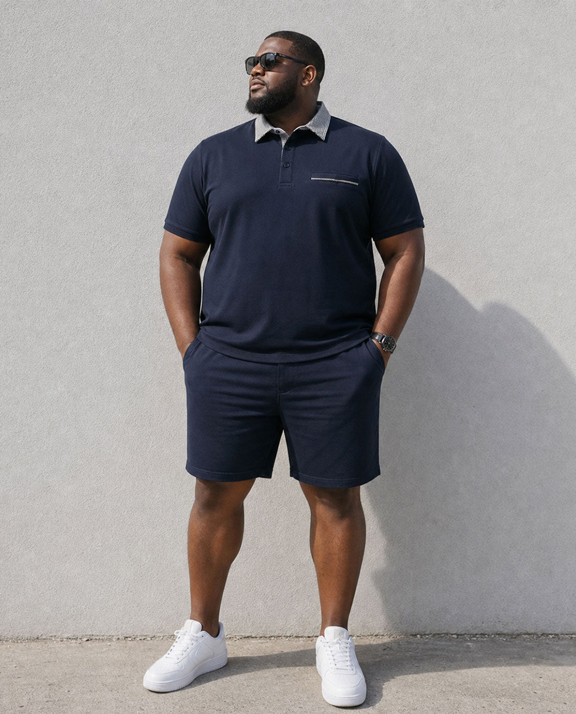 Big & Tall Men's Simple Daily Leisure Business Holiday Party Dating Tibetan Blue POLO Shirt Short Sleeve Shorts Set