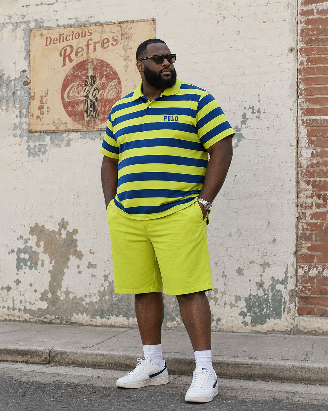 Big & Tall Men's Summer Vacation Leisure Green Striped Chest Printed Small Label POLO Shirt Short Sleeve Shorts Set