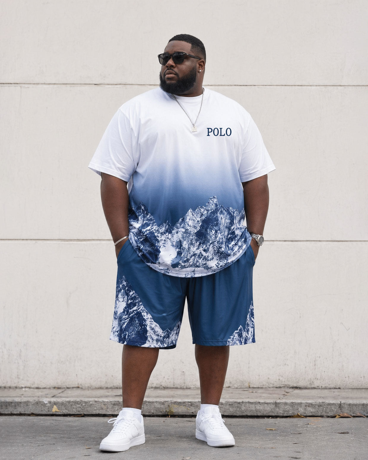 Big & Tall Men's Iceberg Gradient Landscape Print PT Shirt Shorts Set