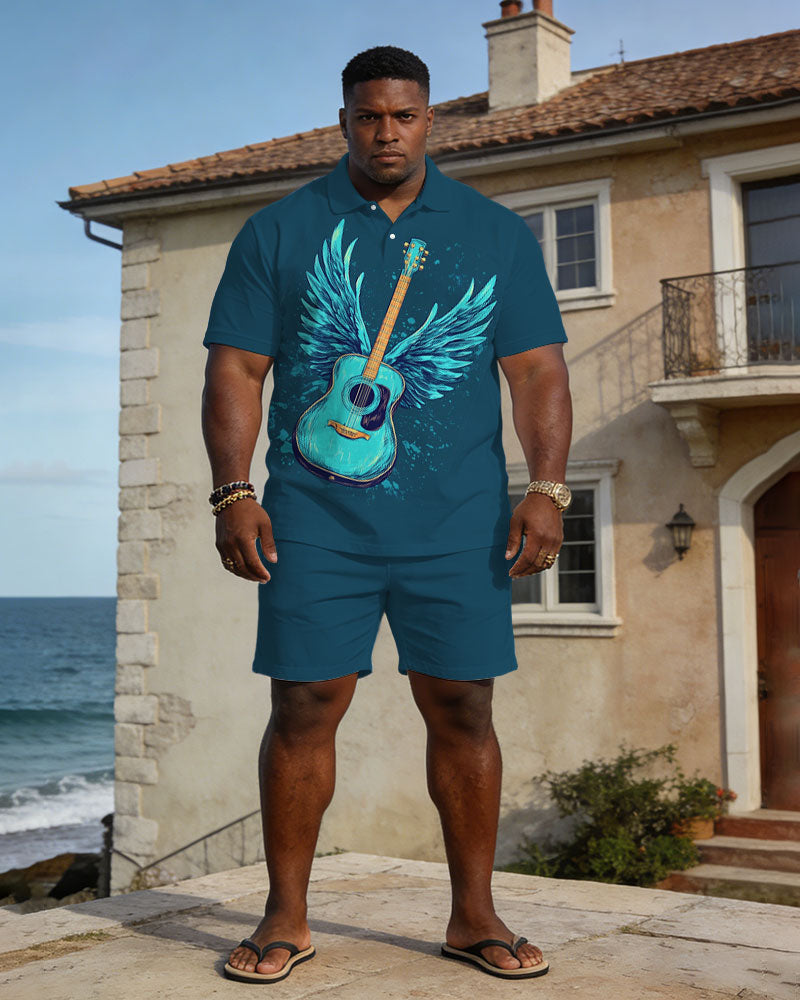 Large Size Men's Spring And Summer Casual Vacation Business Party Blue Music Pattern Short Sleeve Polo Shirt Shorts Set