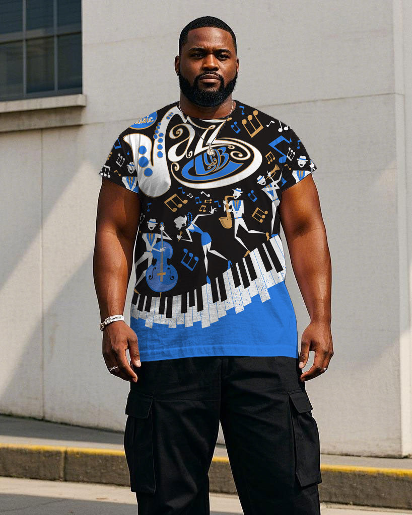 Big & Tall Men's Music Concert Carnival Printed Black Loose Short-sleeved T-shirt
