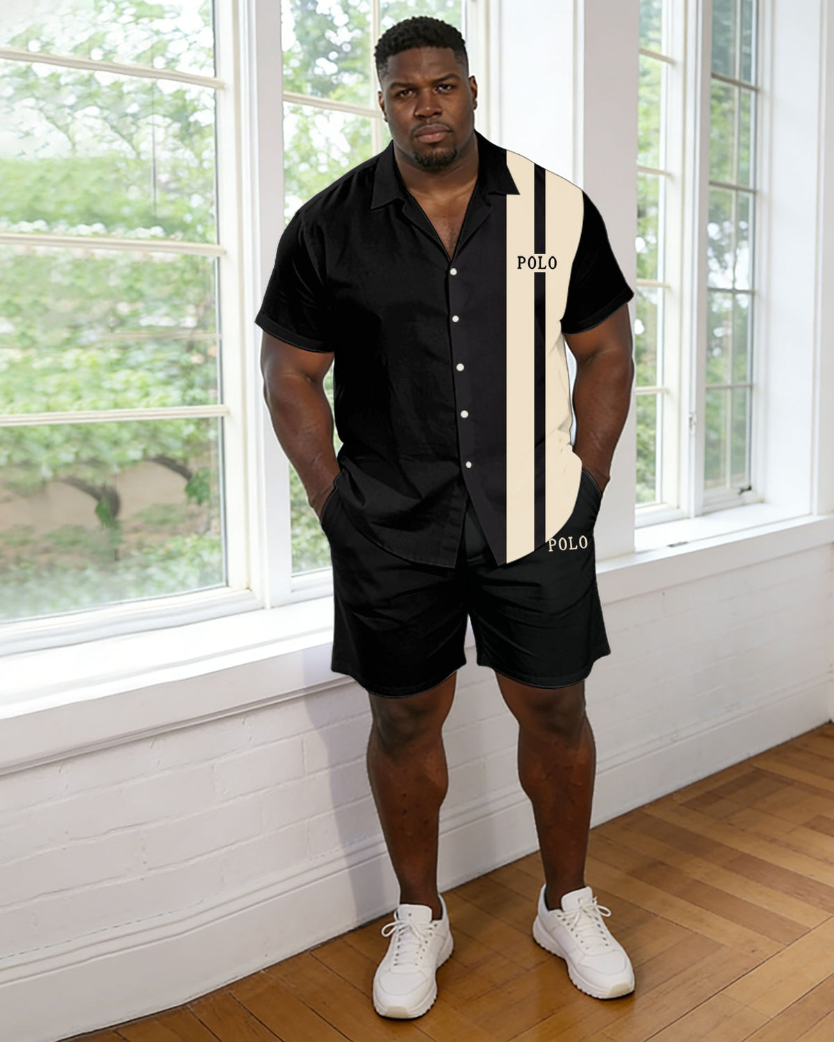 Men's Large Size Black Simple Casual Short Sleeve Shirt Shorts Set