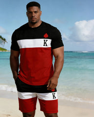 Big & Tall Men's Simple Daily Black & White & Red Contrast Stitching Short Sleeve T-shirt Shorts Set