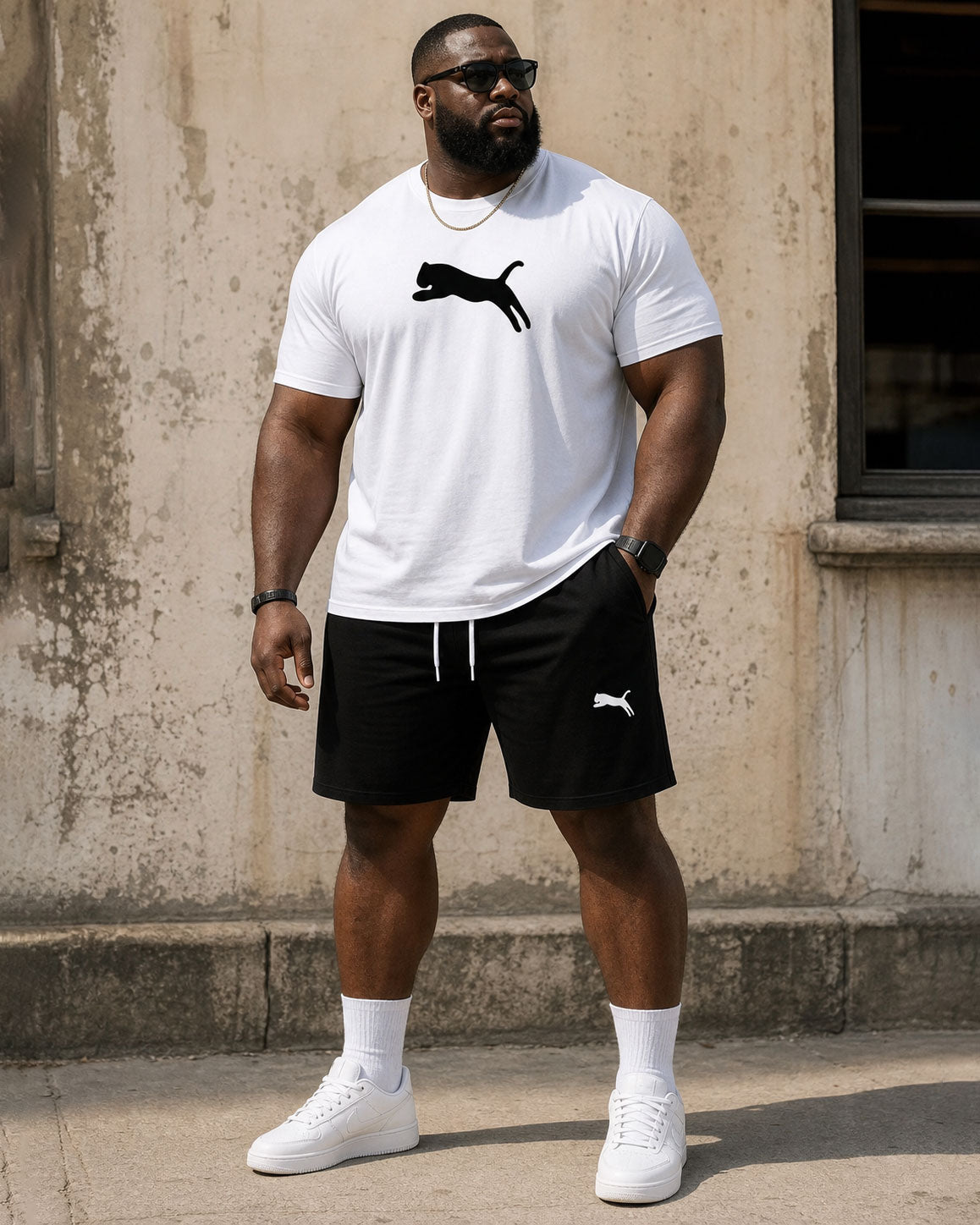 Plus-size men's simple casual furry silhouette short-sleeved T-shirt and shorts set