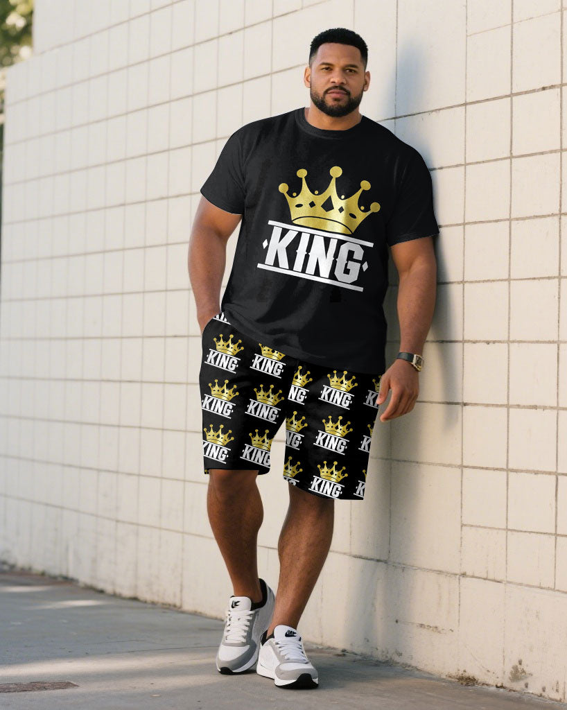 Large Size Men's "KING" King Crown Pattern Printed Short Sleeve T-shirt Shorts Set