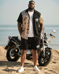 Big & Tall Men's Ethnic Pattern Vacation Leisure Hawaiian Black Short Sleeve Cardigan Shirt Shorts Set