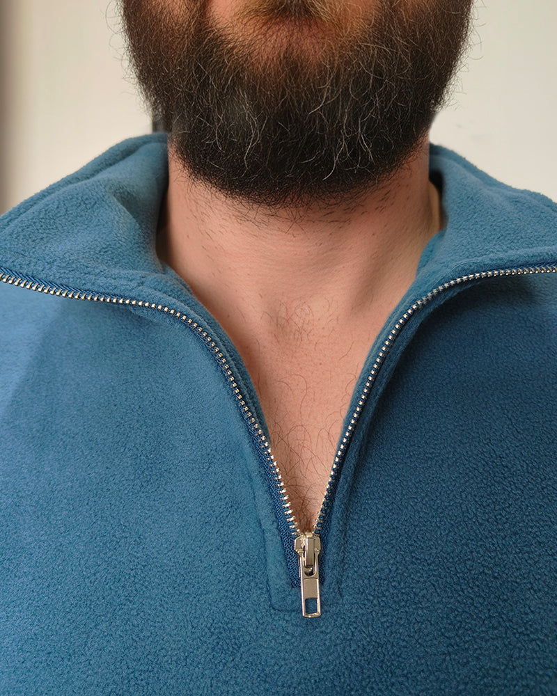 Big & Tall Men's Blue-Fall/Winter Solid Color Polar Fleece Fabric Metal Zipper Collar POLO Long Sleeve
