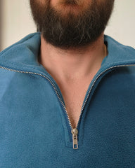 Big & Tall Men's Blue-Fall/Winter Solid Color Polar Fleece Fabric Metal Zipper Collar POLO Long Sleeve