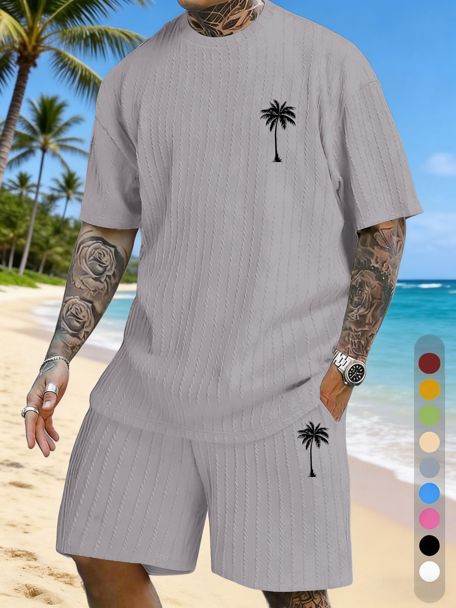 Coconut Tree Print Texture Three-dimensional Jacquard Large Size Casual Set On Chest