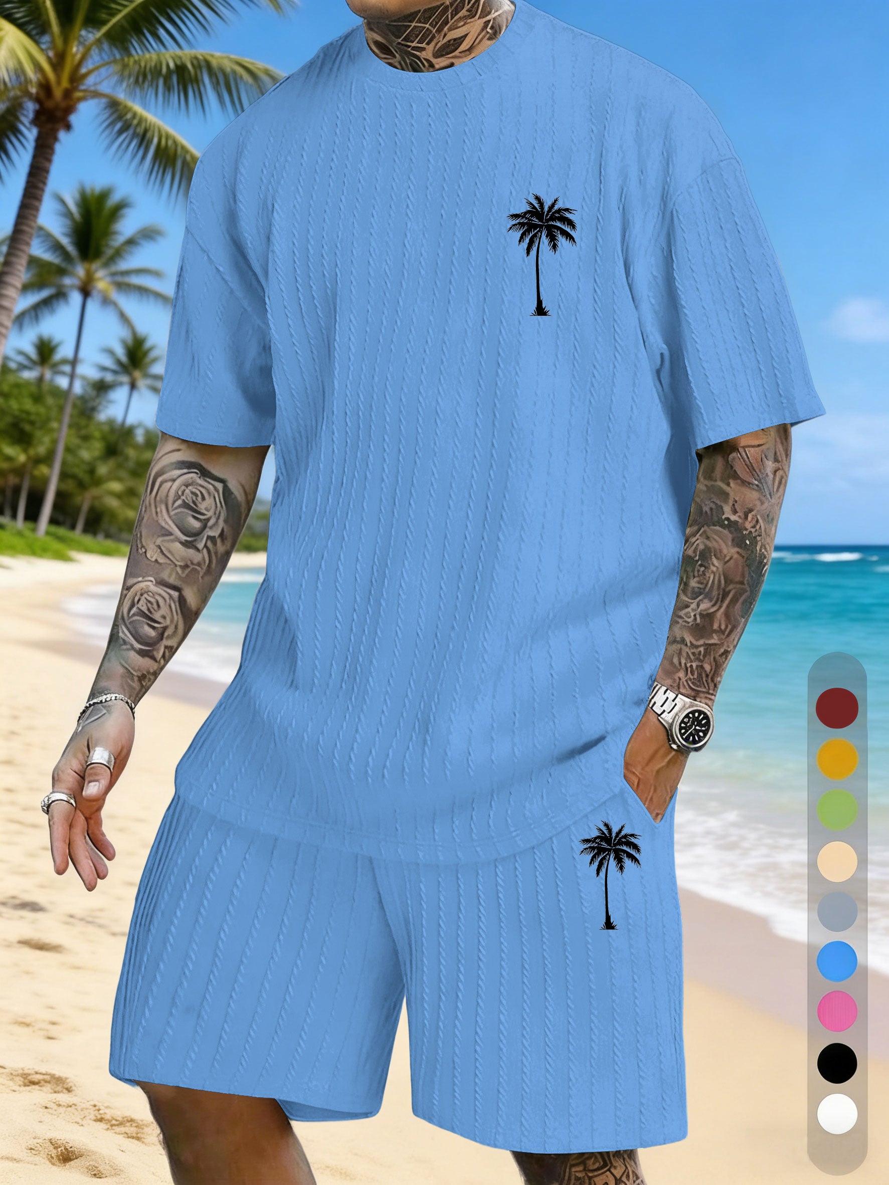 Coconut Tree Print Texture Three-dimensional Jacquard Large Size Casual Set On Chest